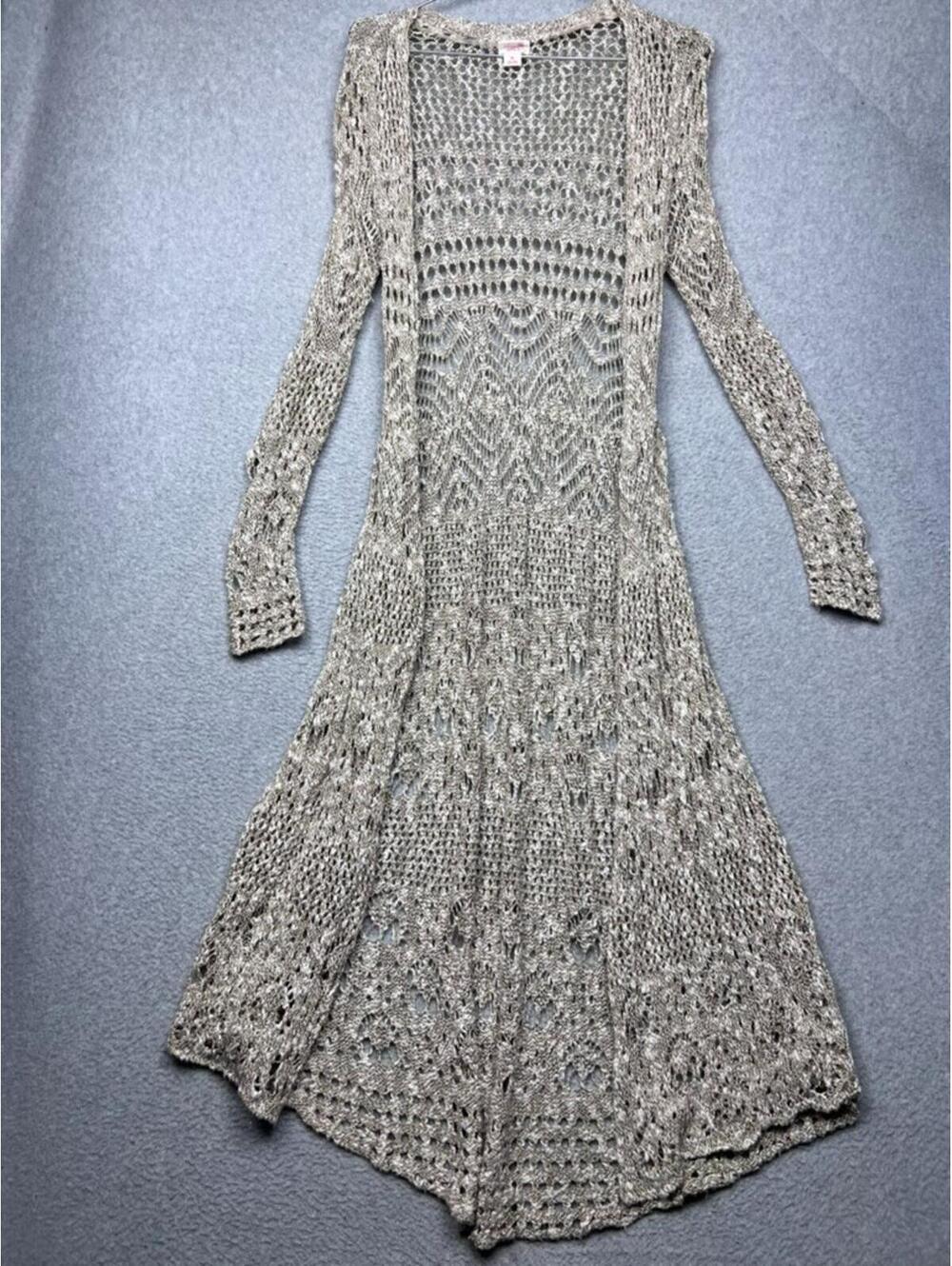 Mossimo Crochet Open Knit Maxi Duster Cardigan S Beige Boho Festival Fairycore